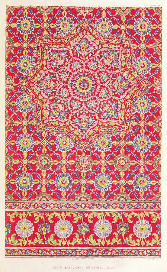 Indian embroidery on crimson silk from the Industrial arts of the Nineteenth Century Painting by Vincent Monozlay