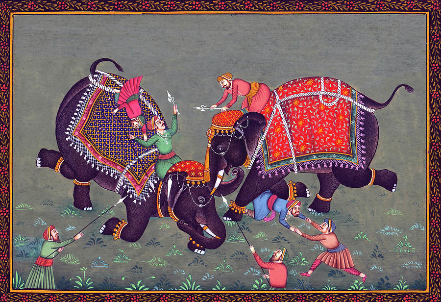 Indian Ethnic Animal Painting Royal Elephant Fighting Scene Miniature Artwork  Painting by B K Mitra