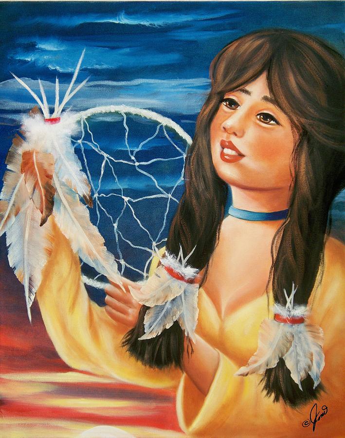 Indian Maiden with Dream Catcher Painting by Joni McPherson