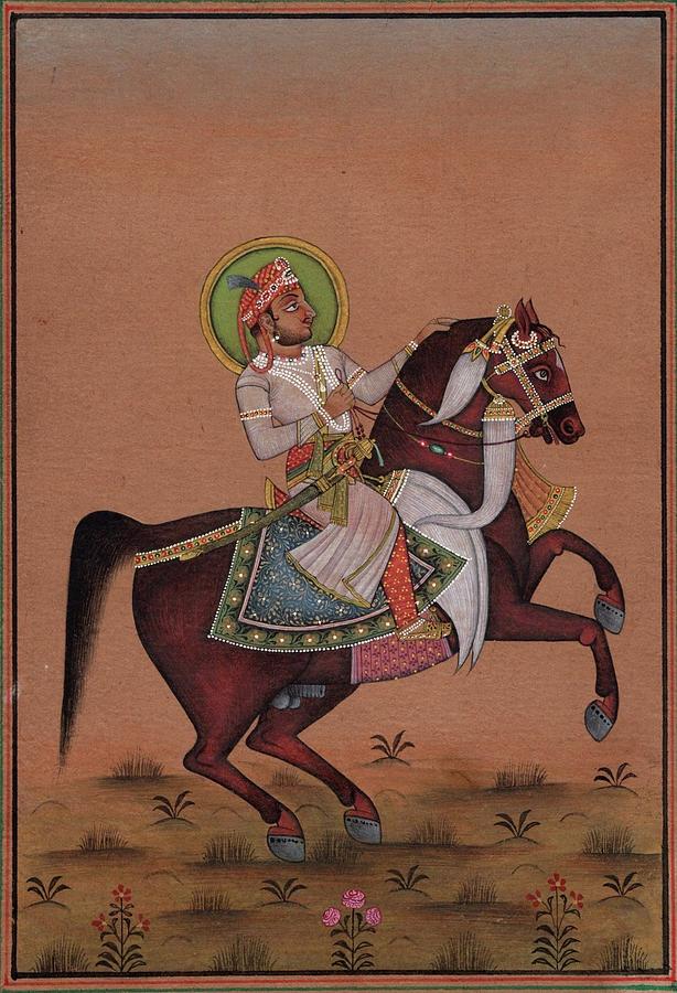 Equestrian Portrait Painting - Indian Miniature Painting Handmade Rajasthani Maharaja Equestrian Portrait Art by ArtnIndia