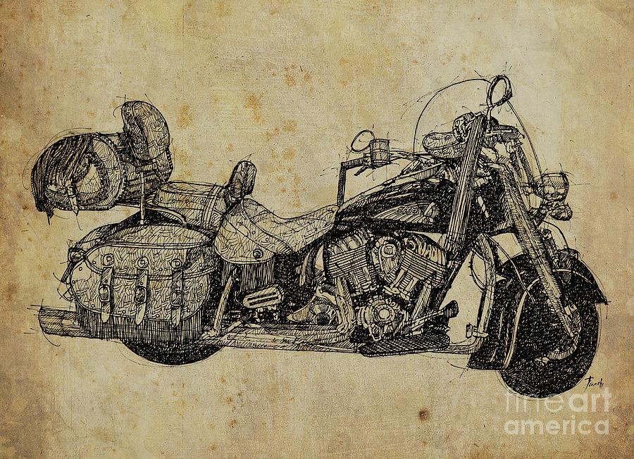 Vintage Drawing - Indian Motorcycle on vintage background, gift for bikers, man cave decoration by Drawspots Illustrations