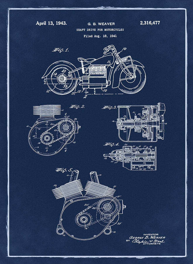 Indian Motorcycle Patent 1943 Blue Photograph by Bill Cannon