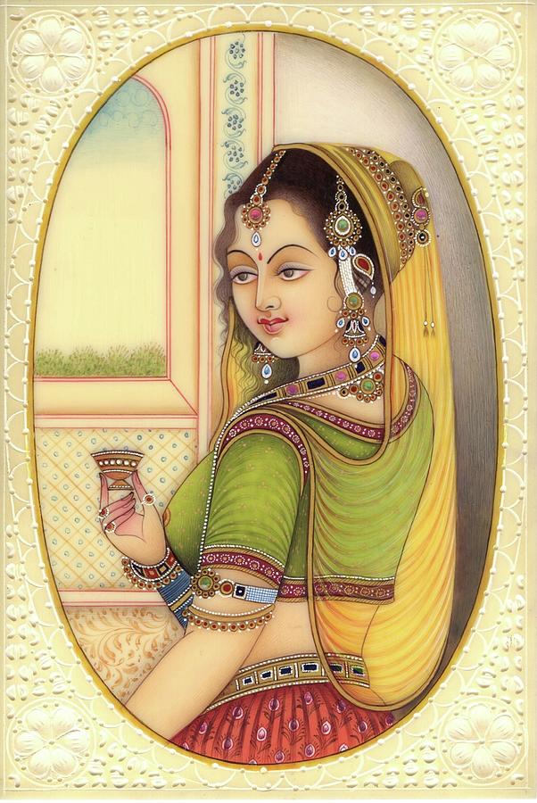 Indian Princess Miniature Painting Handmade Watercolor