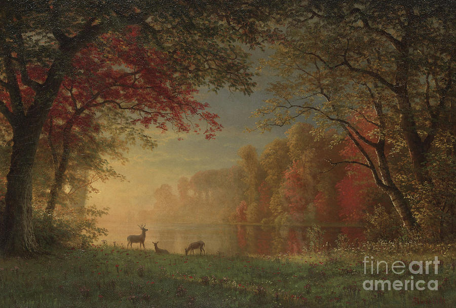Indian Sunset Deer by a Lake Painting by Albert Bierstadt