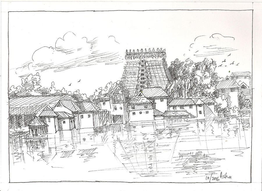 Indian Temple Drawing by Asha Sudhaker Shenoy