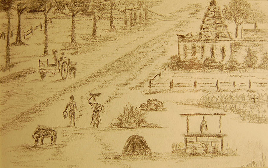 Indian Village (Reprint on Paper - Unframed) | Village scene drawing, Village  drawing, Drawing scenery