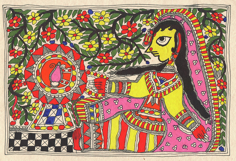 Indian Village Lady Painting, Trible Painting Madhubani Artwork Indian Miniature Watercolor Artwork. Painting by A K Mundra