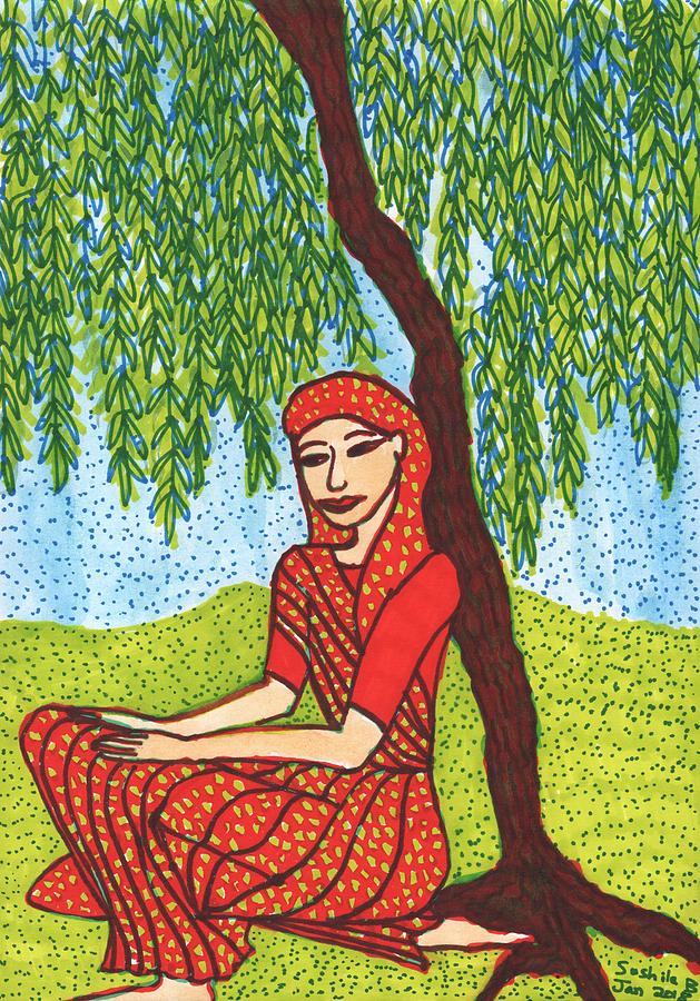 Indian Woman Mixed Media - Indian Woman with Weeping Willow by Sushila Burgess Indian Woman Mixed Media - Indian Woman with Weeping Willow by Sushila Burgess