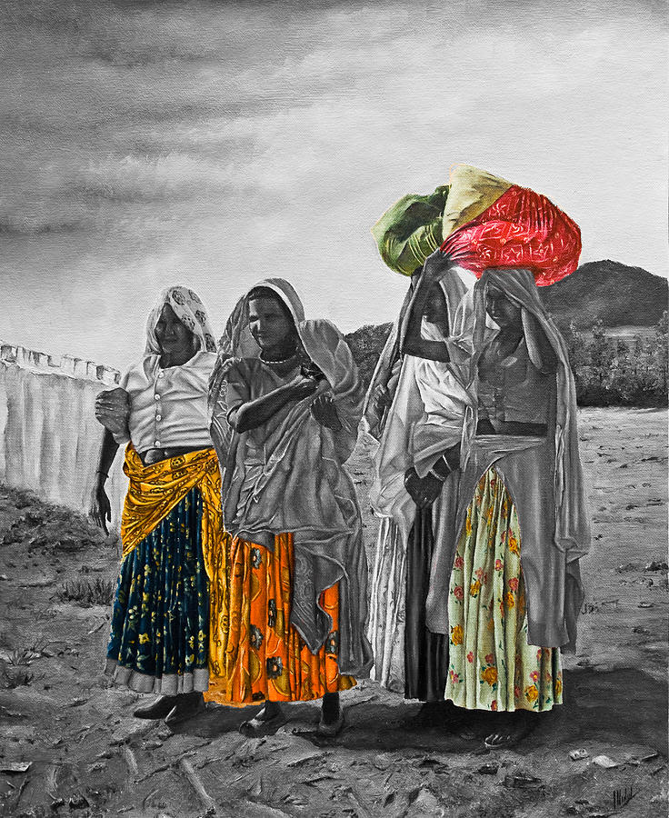 Indian Women in B and W Painting by Michelangelo Rossi