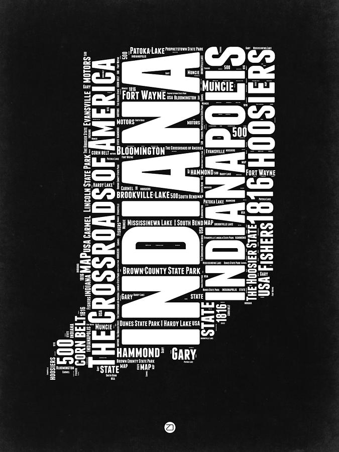 Independence Day Digital Art - Indiana Black and white Word Cloud Map by Naxart Studio