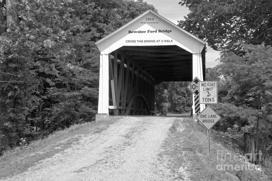 Indiana Bowsher Cofd Covered Bridge Black And White Photograph by Adam Jewell