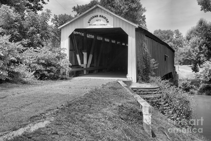 Indiana Eugene Covered Bridge Black And White Photograph by Adam Jewell