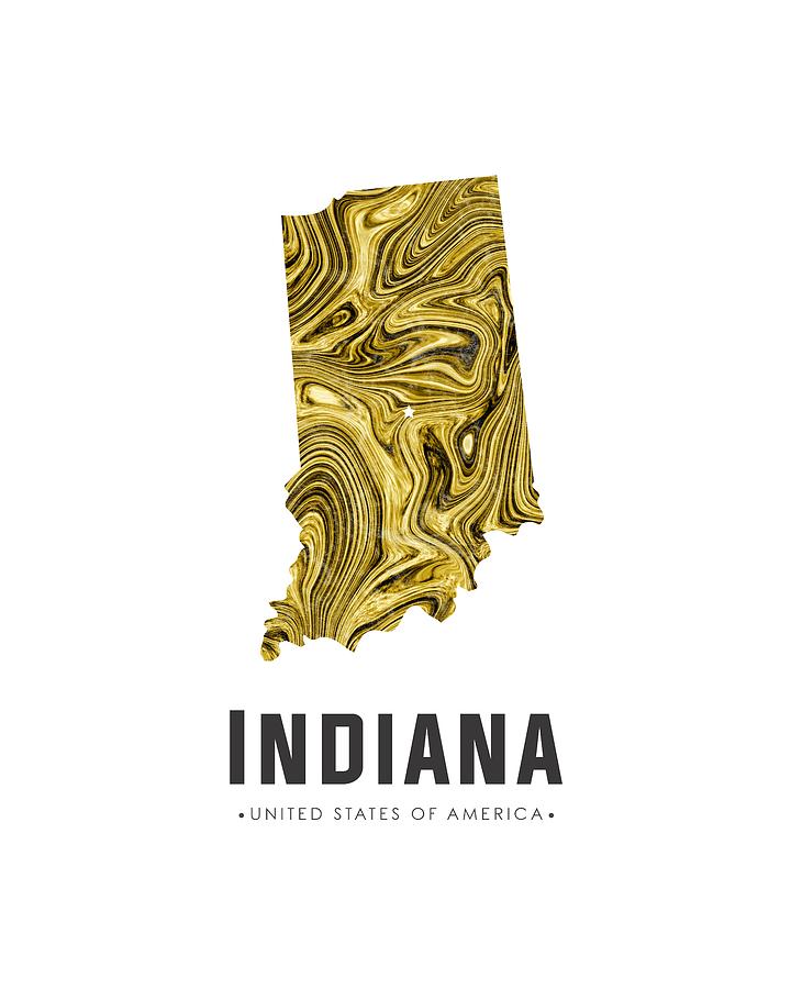 Indiana Map Art Abstract in Gold Yellow Mixed Media by Studio Grafiikka
