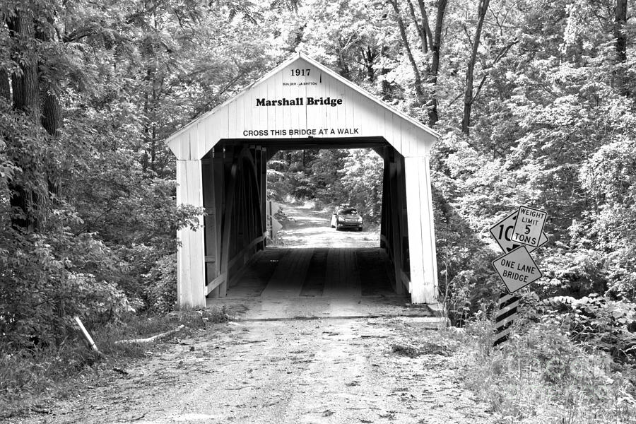 Indiana Marshall Covered Bridge Black And White Photograph by Adam Jewell