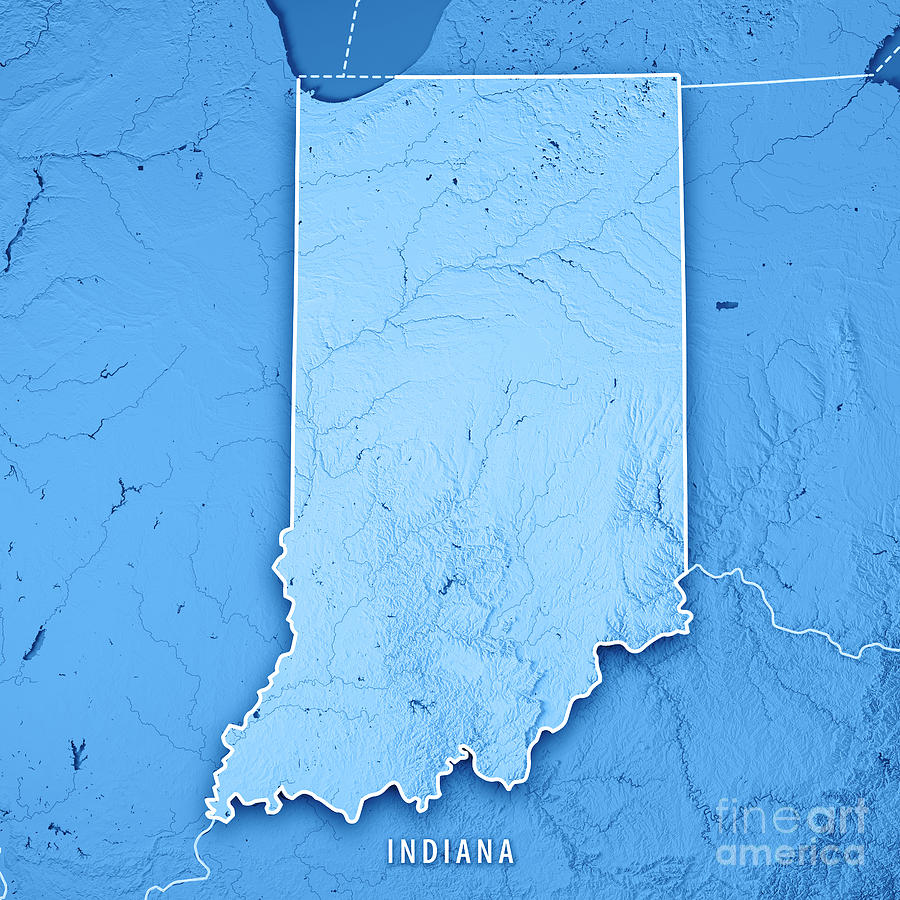 Lake Michigan Digital Art - Indiana State USA 3D Render Topographic Map Blue Border by Frank Ramspott