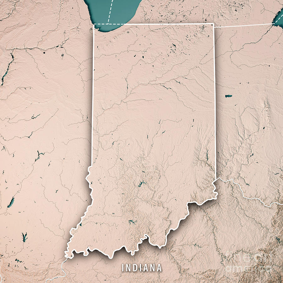Lake Michigan Digital Art - Indiana State USA 3D Render Topographic Map Neutral Border by Frank Ramspott
