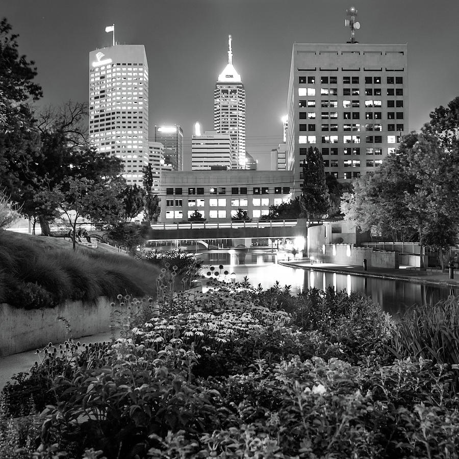 Indianapolis Skyline Photograph - Indianapolis Canal Walk Skyline Black and White 1x1  by Gregory Ballos