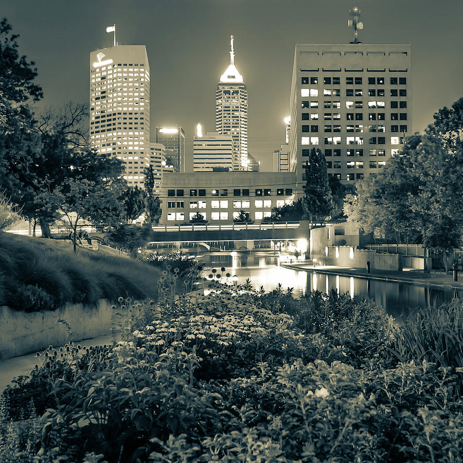 Indianapolis Skyline Photograph - Indianapolis Canal Walk Skyline Sepia 1x1  by Gregory Ballos