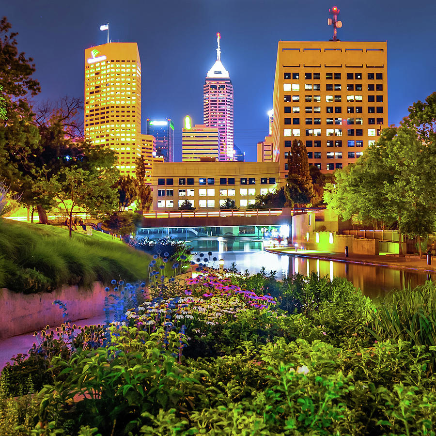 Indianapolis Canal Walk Skyline Vibrant Color 1x1  Photograph by Gregory Ballos