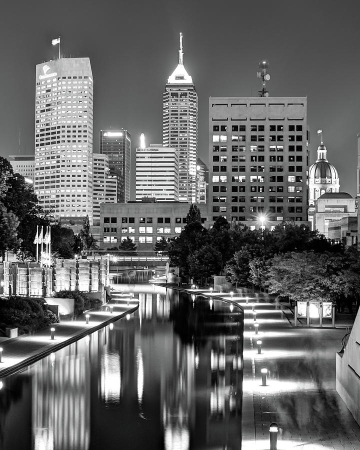 Indianapolis City Skyline and Canal Walk - Black and White Photograph by Gregory Ballos