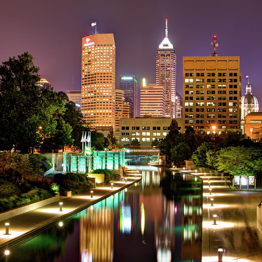 Indianapolis Skyline Photograph - Indianapolis Indiana Skyline and Canal Walk at Night by Gregory Ballos