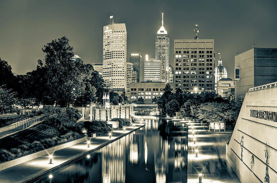 Indianapolis Skyline - Canal Walk Bridge View in Sepia Photograph by Gregory Ballos