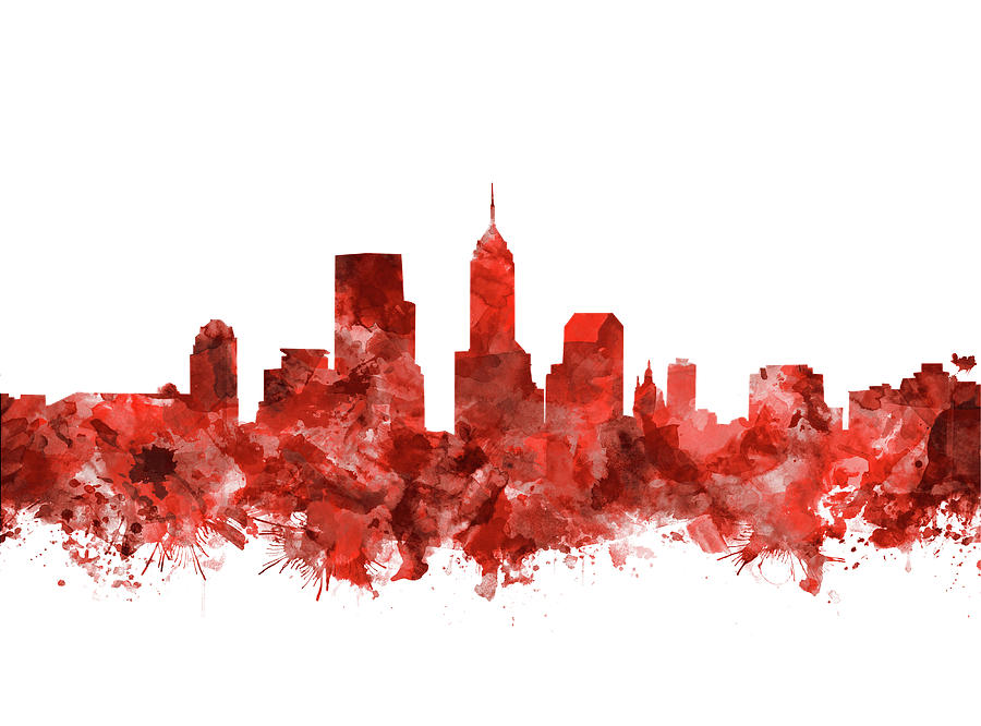 Indianapolis Skyline Watercolor Red Painting by Bekim M