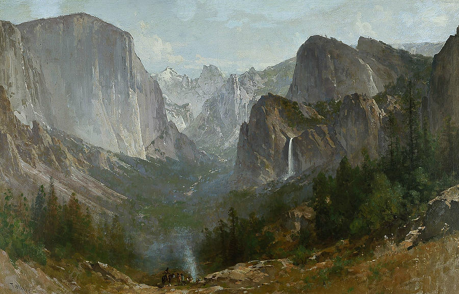 Indians at Campfire Yosemite Valley Painting by Thomas Hill