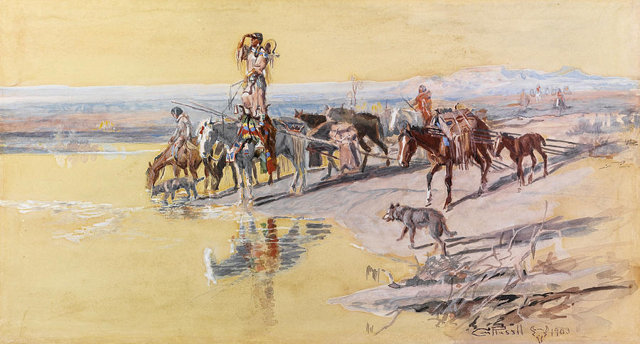 Indians Traveling on Travois Drawing by Charles Marion Russell