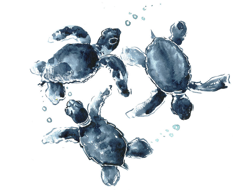 Indigo Blue Sea Turtle Painting by Suren Nersisyan