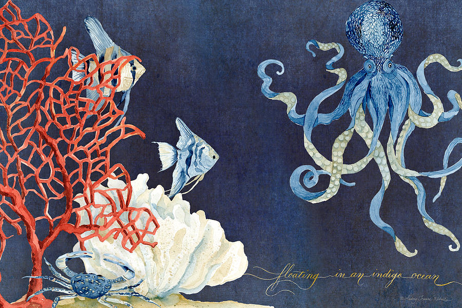 Octopus Painting - Indigo Ocean - Floating Octopus by Audrey Jeanne Roberts