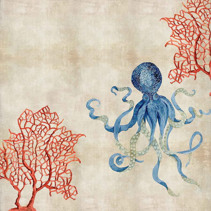 Indigo Ocean - Octopus Floating Amid Red Fan Coral Painting by Audrey Jeanne Roberts