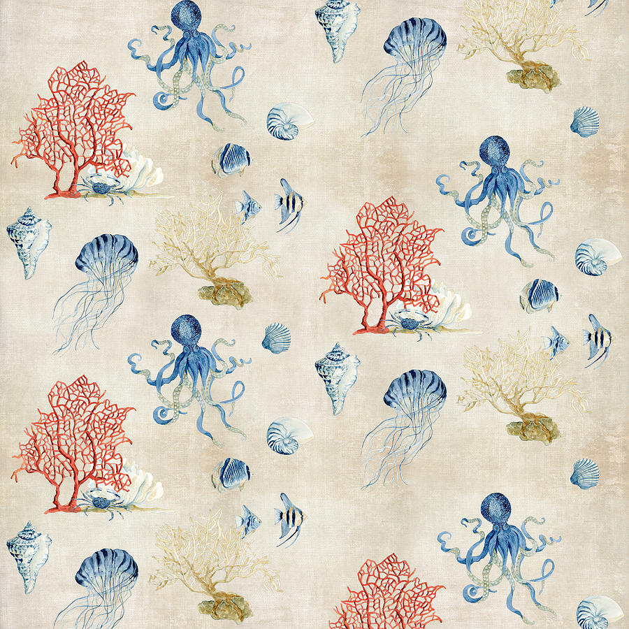 Octopus Painting - Indigo Ocean - Red Coral Octopus Half Drop Pattern by Audrey Jeanne Roberts