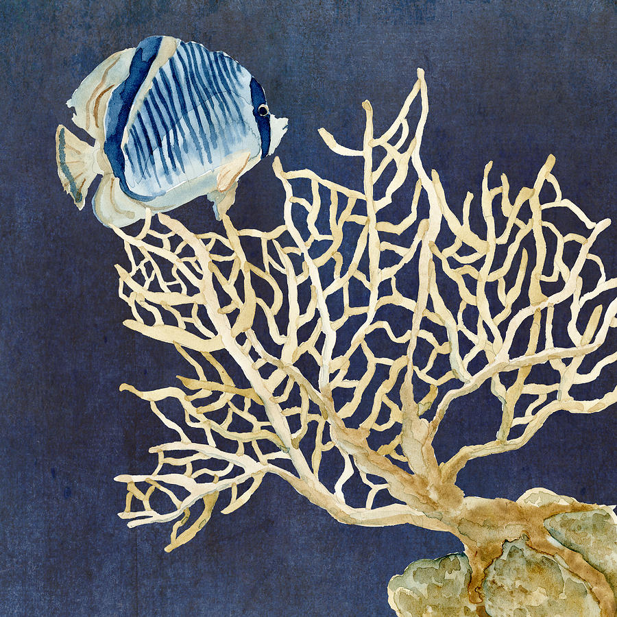 Indigo Ocean - Tan Fan Coral n Angelfish Painting by Audrey Jeanne Roberts
