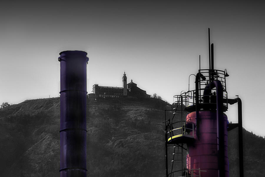 INDUSTRIAL ARCHEOLOGY REFINERY PLANT WITH GUARDIA MOUNT SANCTUARY  Raffinerie Garrone Val Polcevera Photograph by Enrico Pelos