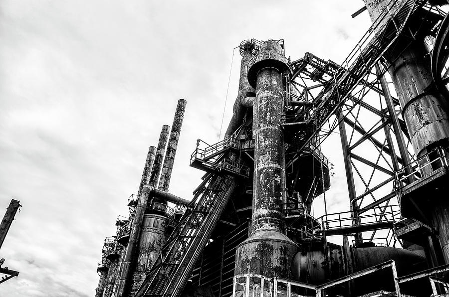 Black And White Photograph - Industrial Steel Stacks - Bethlehem Pa by Bill Cannon