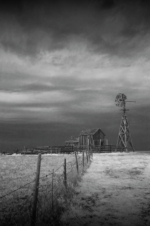 Infrared Black and White of Frontier Windmill and Barn at 1880s Town in South Dakota  Photograph by Randall Nyhof