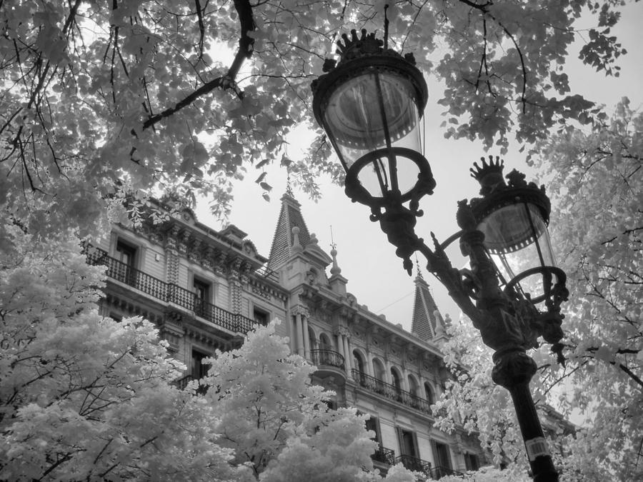 Infrared street light black and white barcelona spain Photograph by Jane Linders