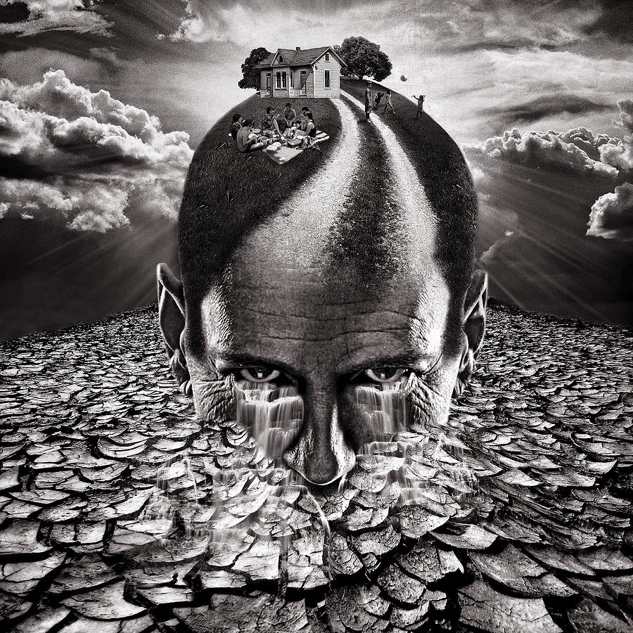 Surrealism Digital Art - Inhabited Head gray scale by Marian Voicu