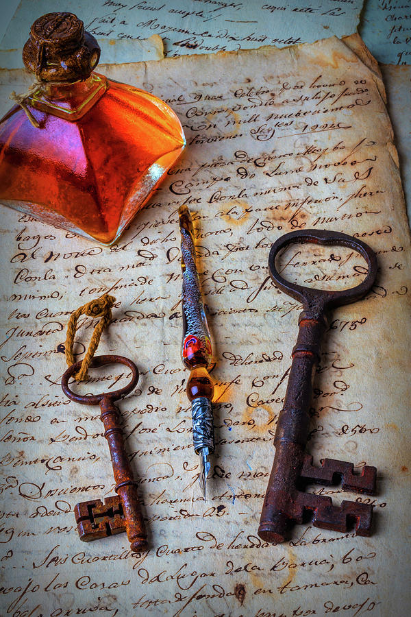 Ink Bottle And Old Keys Photograph by Garry Gay