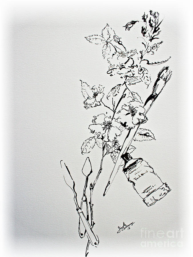 Ink Line Art Still Life Flowers and Objects Drawing by Ginette Callaway