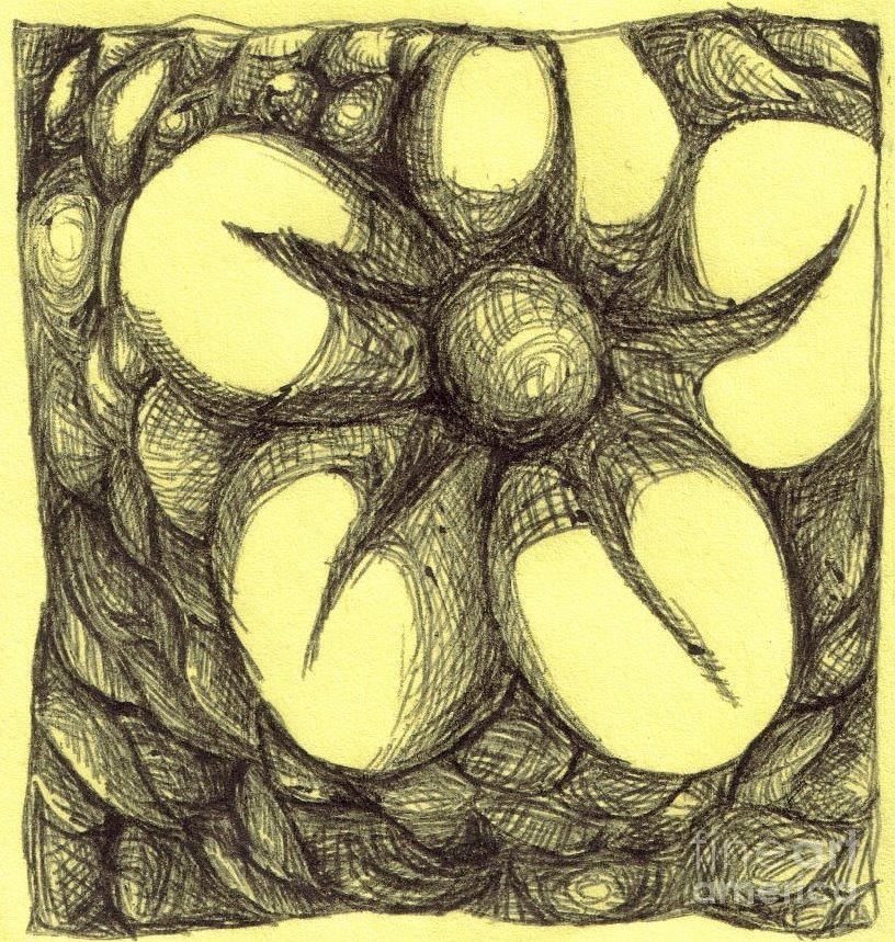 Flowers Still Life Drawing - Inked Flower on a Yellow Post-it by Joseph Bradley