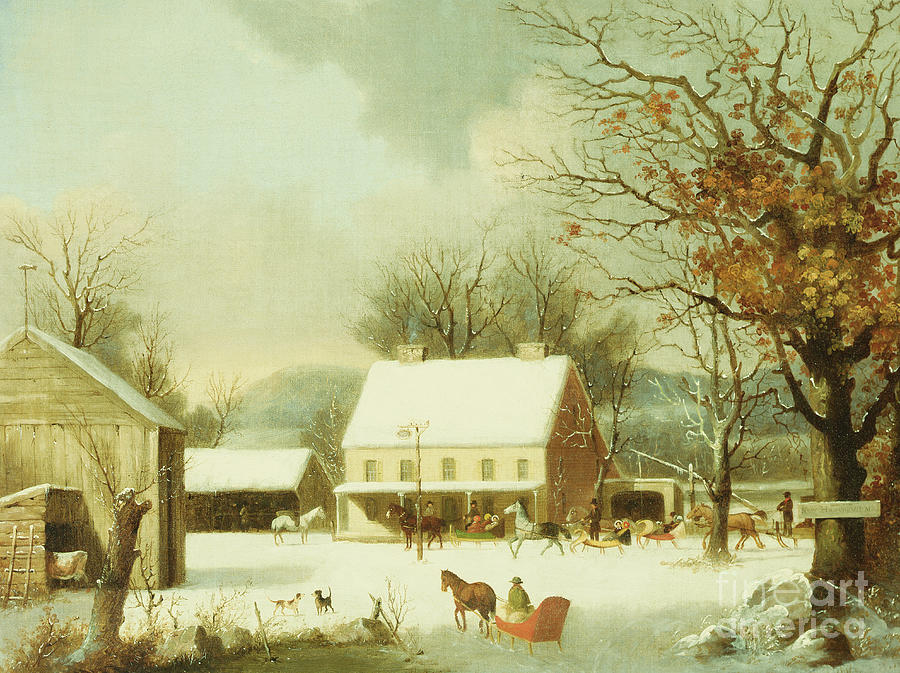 Winter Painting - Inn Scene, Seven Miles to New Haven by George Durrie