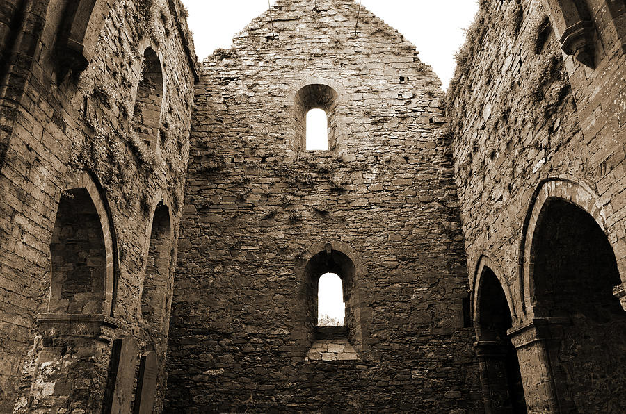Inside Jerpoint Abbey Irish Medieval 12th Century Ruins County Kilkenny Ireland Sepia Photograph by Shawn OBrien
