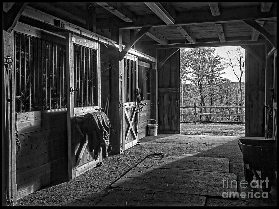 Horse Photograph - Inside the Horse Barn Black and White by Edward Fielding
