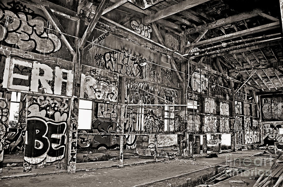 Inside The Old Train Roundhouse at Bayshore near San Francisco and the Cow Palace V black and white  Photograph by Jim Fitzpatrick