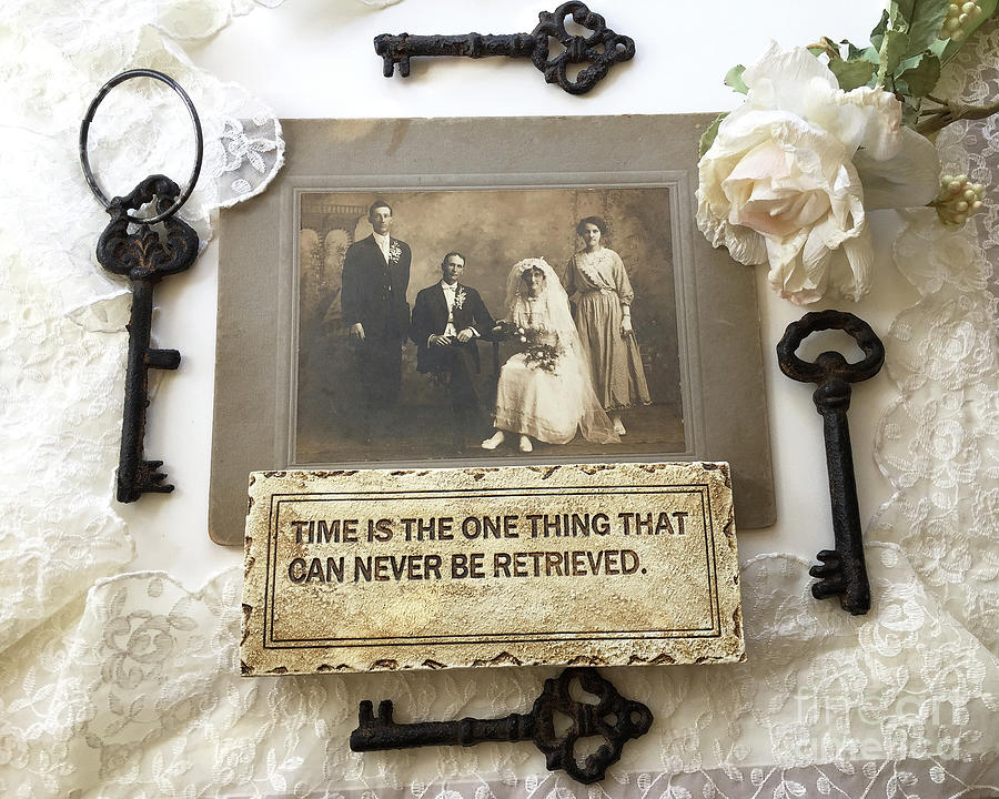 Inspirational Art - Vintage Wedding Photo With Antique Keys - Inspirational Vintage Black Keys Art  Photograph by Kathy Fornal