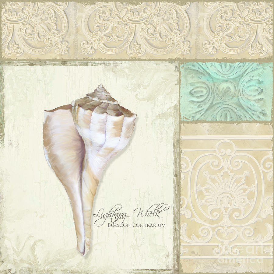 Inspired Coast Collage - Lightning Whelk Shell Vintage Tile Painting by Audrey Jeanne Roberts