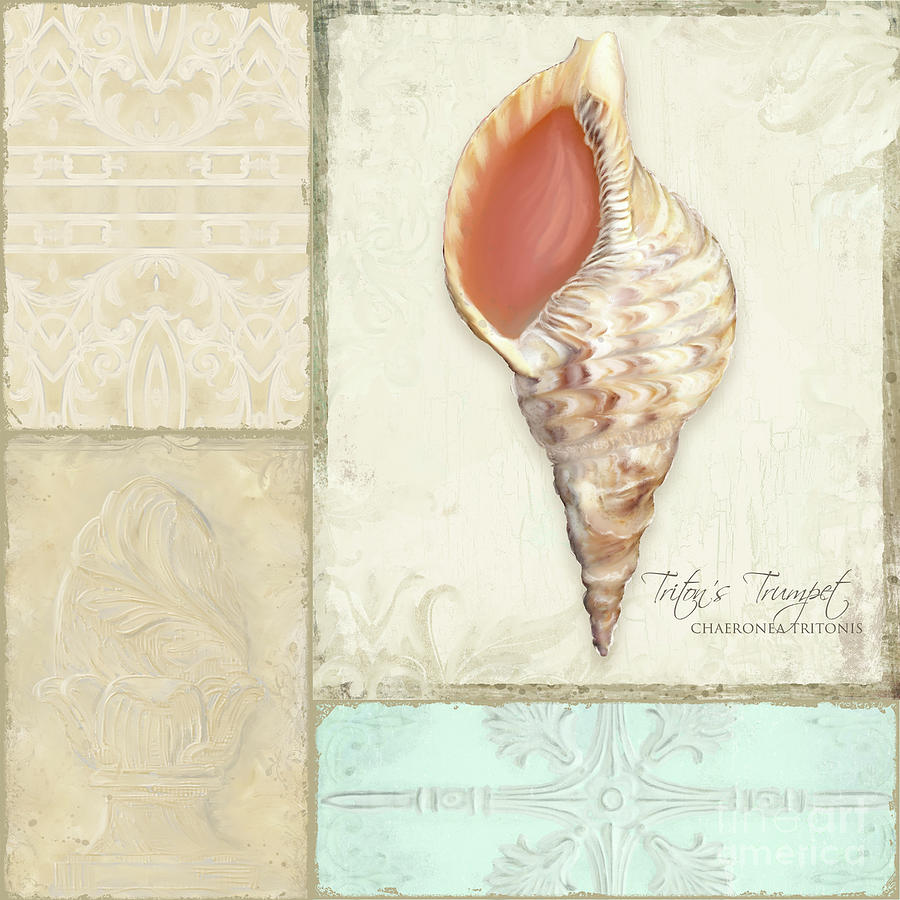 Inspired Coast Collage - Tritons Trumpet Shell w Vintage Tile  Painting by Audrey Jeanne Roberts