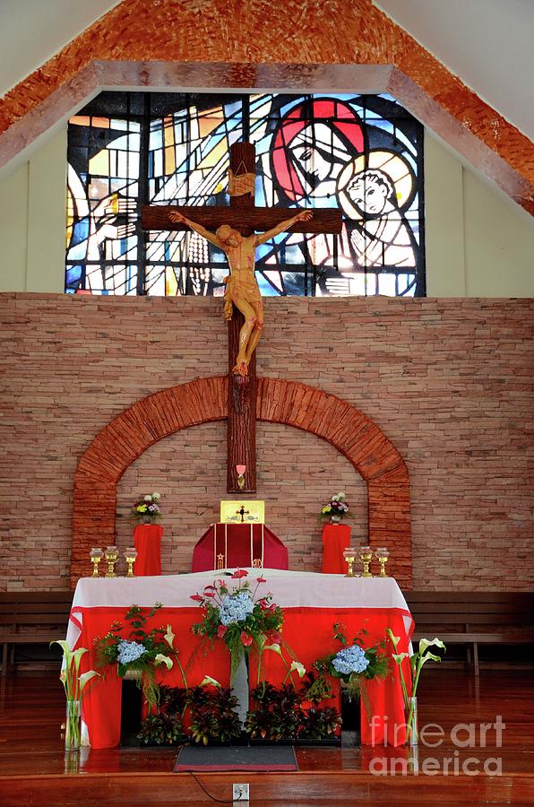 Interior altar and crucifix cross of Catholic Chapel Of Our Lady Of Mount Carmel church Cameron High Photograph by Imran Ahmed